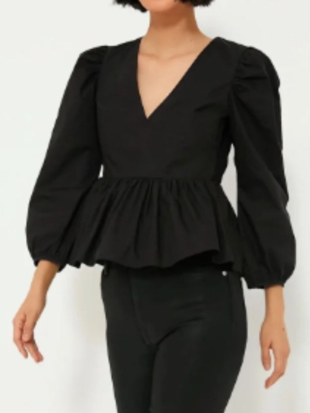 Hyacinth House Puff‎ Sleeve Peplum Blouse XXL Black Poplin Cotton Top Minimalist